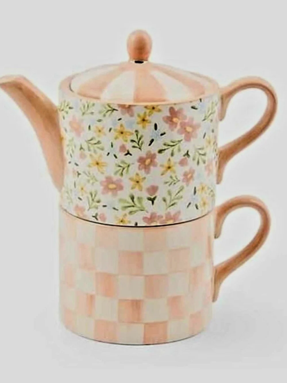 NEW McKenzie Childs Posie Patch Ceramic Tea For Me Set Stacked Floral Teapot Mug